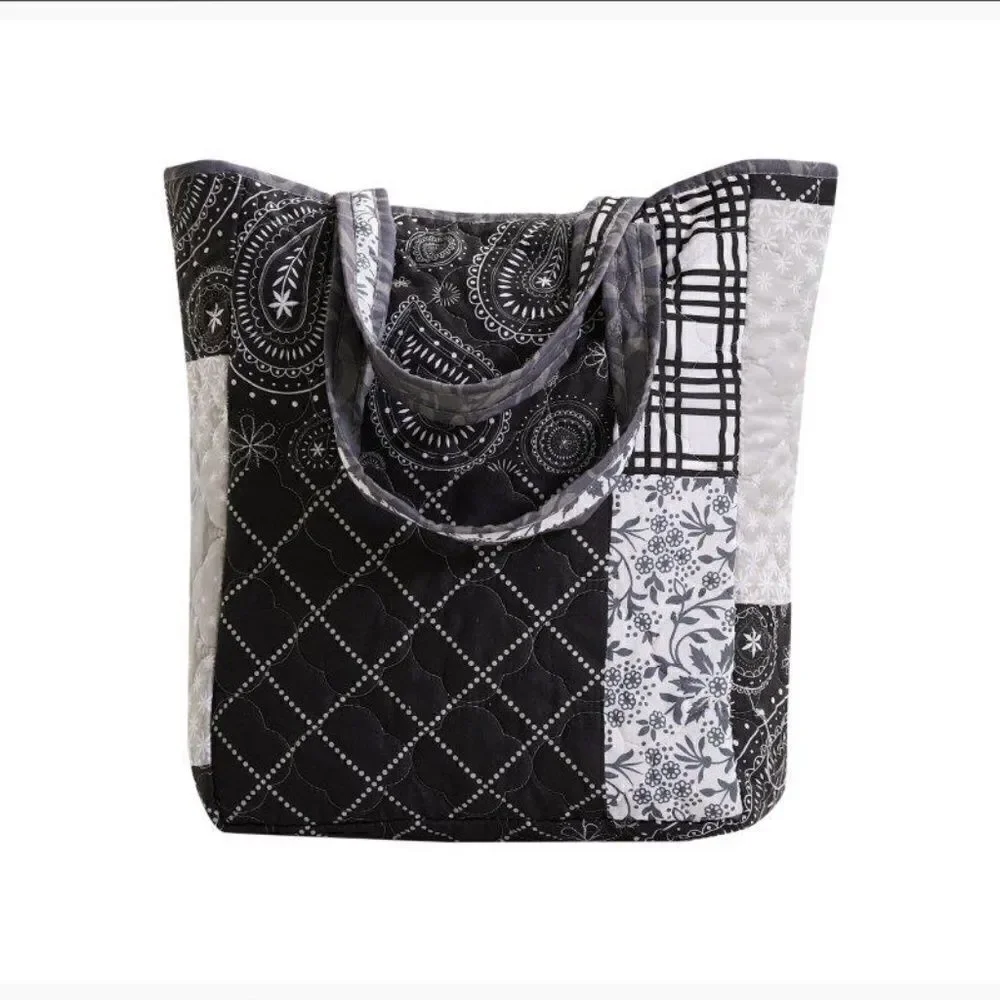 Farmhouse Black and White Reversible Patchwork King Quilt Set Matching Tote Bag